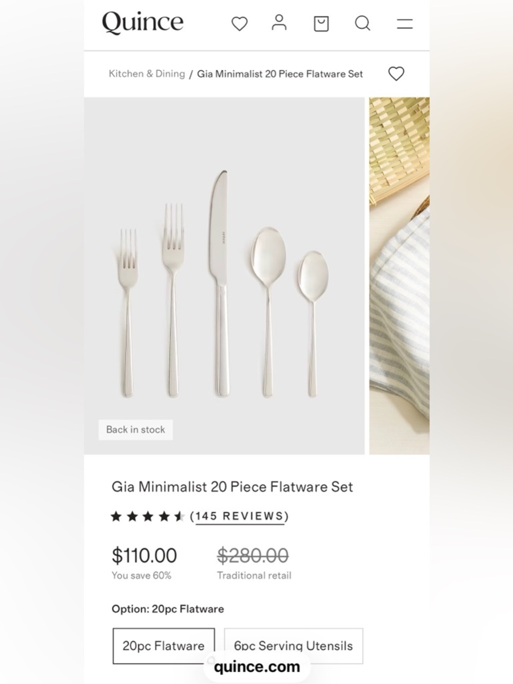 New! Quince x Sambonet Gia Minimalist 20 Piece Flatware Set - Picture 8 of 9